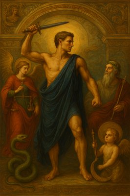 a painting of a man holding a sword