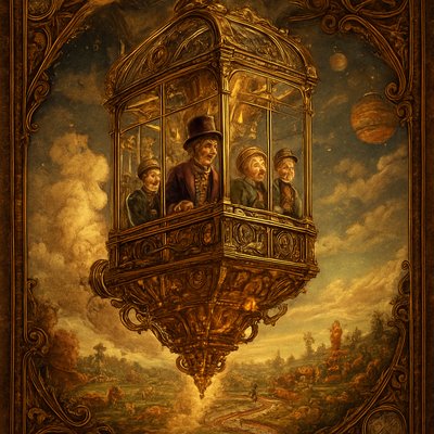 An awe-inspiring and whimsical scene featuring Willy Wonka's Great Glass Wonkavator, soaring through the sky and beyond the confines of the chocolate factory. The Wonkavator itself is a magnificent, multi-directional glass elevator, transparent and sparkling, with Willy Wonka (wearing his iconic top hat, purple coat, and bowtie) and Charlie Bucket and Grandpa Joe inside, looking out with expressions of wonder and excitement. The interior is filled with intricate buttons and levers for controlling its magical flight.

The Wonkavator is depicted in mid-flight, perhaps bursting through the factory roof or ascending above the clouds. Below it, the fantastical landscape of the Chocolate Factory is visible – chocolate rivers, edible gardens, candy cane trees, and various whimsical buildings. Beyond the factory, a stunning, imaginative sky unfolds, perhaps with floating candy clouds, distant fantastical landmarks, or even glimpses of outer space and planets. The lighting is bright and magical, emphasizing the glass's transparency and the vibrant colors of the world below and beyond. The overall mood is one of boundless adventure, limitless possibilities, and pure, joyful fantasy."