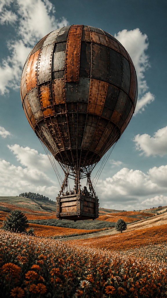 a hot air balloon drifting over rolling flower fields on a sunny day, cheerful, no text