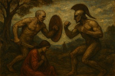 a painting of a man holding a mirror next to a woman