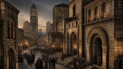 bustling city street panorama at dusk
