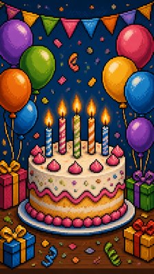 a birthday cake with lit candles surrounded by balloons and confetti, festive vertical composition, no text
