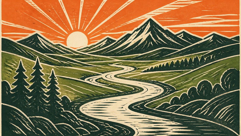 a vast valley with a river winding toward distant mountains at sunrise, no people, no text