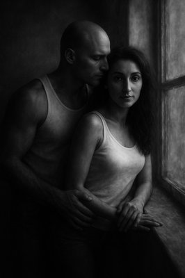 a black and white photo of a man and a woman