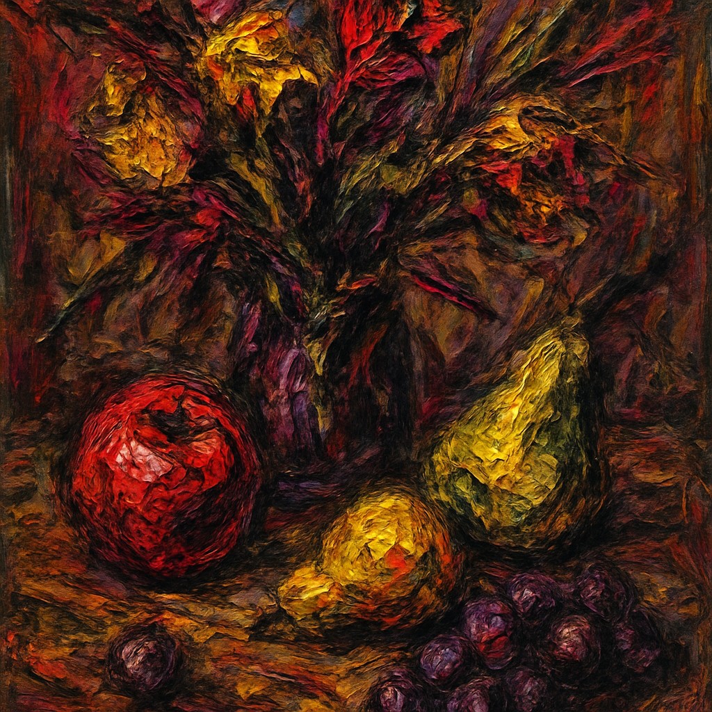 still life arrangement of fruits and flowers