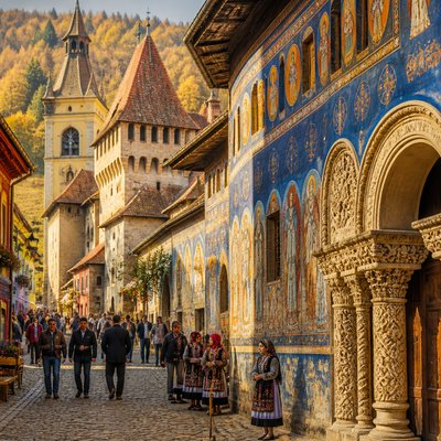 urban street with city activity — Romanian Art Style