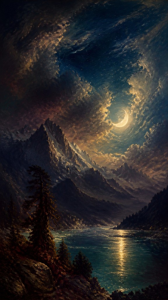 a tranquil mountain lake beneath a starry night sky, no people, no text