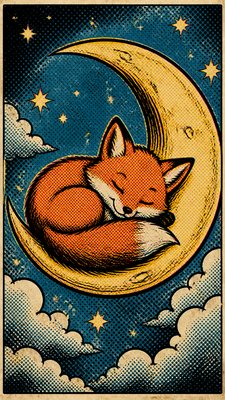 a sleeping baby fox curled on a crescent moon among soft stars, gentle and warm, no text