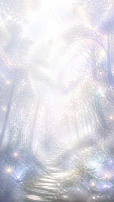 a mysterious forest path with fireflies and drifting mist, atmospheric vertical composition with open space at the top, no text