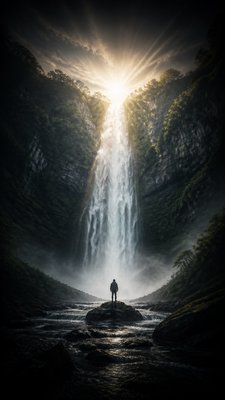 towering waterfall cascading down a cliff