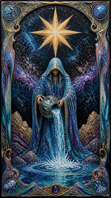 a robed figure pouring water beneath a large eight-pointed star in a night sky, symmetrical composition with an ornate decorative border, no text