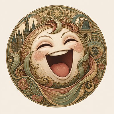 an exaggerated laughing face of an original round mascot character, bold and readable at small size, plain background, no text