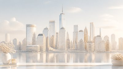 a city skyline panorama at dusk with glowing windows, no people