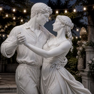 an original couple dancing under string lights in a garden at dusk: a man with short black hair in a linen shirt and a woman with braided red hair in a summer dress