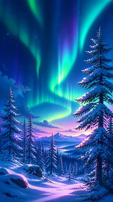 a snowy pine forest under the northern lights, no people