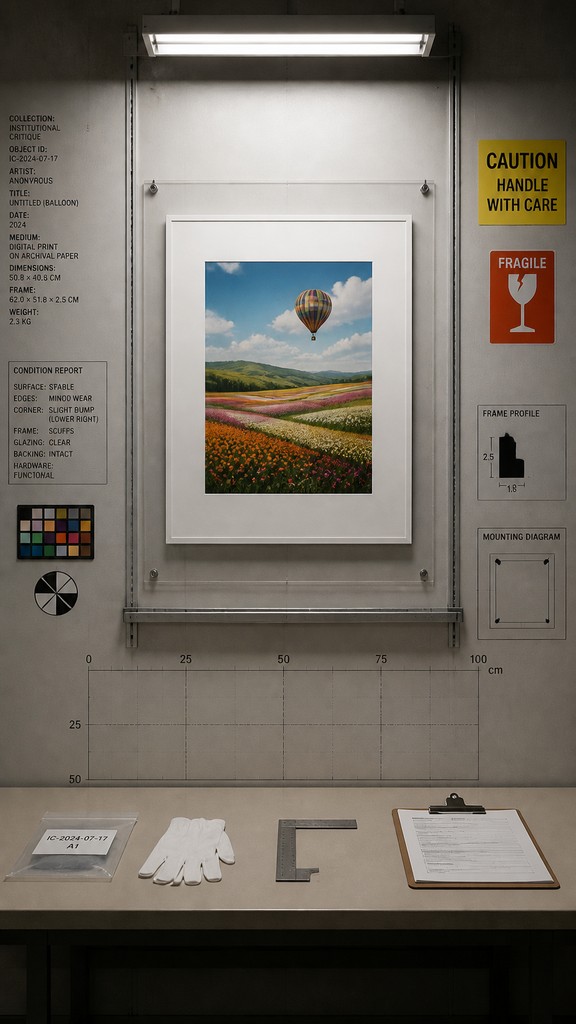 a hot air balloon drifting over rolling flower fields on a sunny day, cheerful, no text