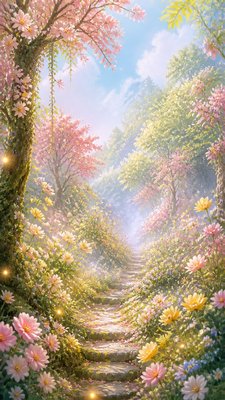 a mysterious forest path with fireflies and drifting mist, atmospheric vertical composition with open space at the top, no text