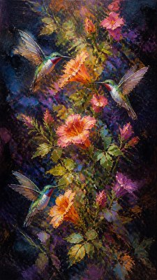 a climbing vine of flowers and hummingbirds on a dark background, tall wrapping composition, no text