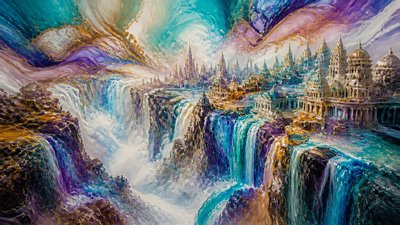 a cliffside city with waterfalls cascading into a misty canyon, wide establishing shot, no people, no text