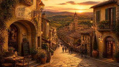 bustling city street panorama at dusk