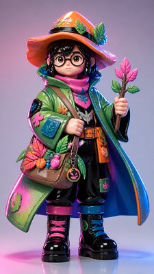 full-body original character: a wandering botanist with a satchel of plants, a patched green cloak, tall boots and round glasses, neutral background