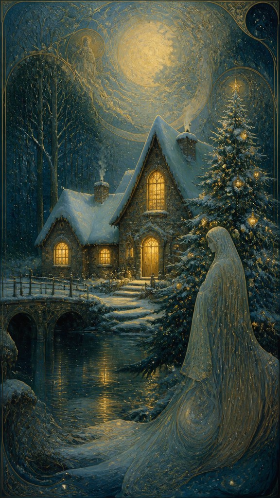 a snow-covered cottage with warm glowing windows beside a decorated pine tree, gentle snowfall, no text