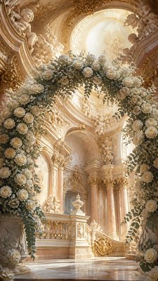 an arch of white roses and eucalyptus in soft morning light, elegant vertical composition with open space, no text