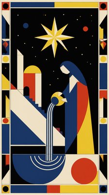 a robed figure pouring water beneath a large eight-pointed star in a night sky, symmetrical composition with an ornate decorative border, no text