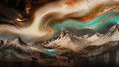 a flowing aurora over snowy peaks, wide sweeping composition, no people, no text
