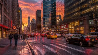 bustling city street panorama at dusk