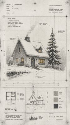 a snow-covered cottage with warm glowing windows beside a decorated pine tree, gentle snowfall, no text