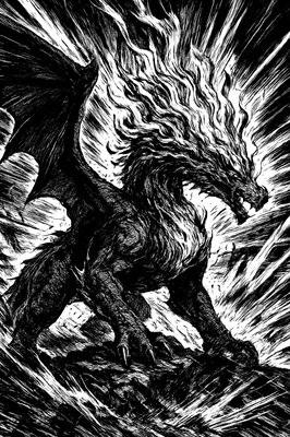 a black and white drawing of a dragon