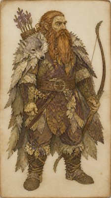 full-body original character: a dwarven ranger with a braided auburn beard, worn leather armor, a longbow and a wolf-pelt cloak, neutral background, no text