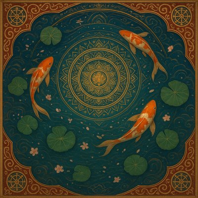 A koi pond seen from above, orange and white koi fish swimming among lily pads, clear water with subtle ripples, fallen cherry blossom petals floating on the surface, dappled sunlight