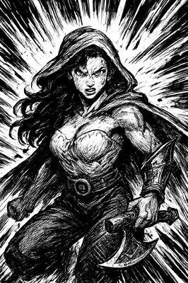 a black and white drawing of a woman with a sword