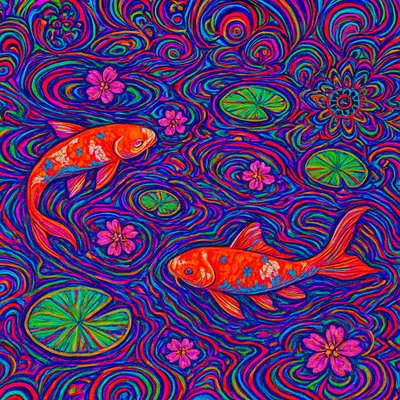 A koi pond seen from above, orange and white koi fish swimming among lily pads, clear water with subtle ripples, fallen cherry blossom petals floating on the surface, dappled sunlight