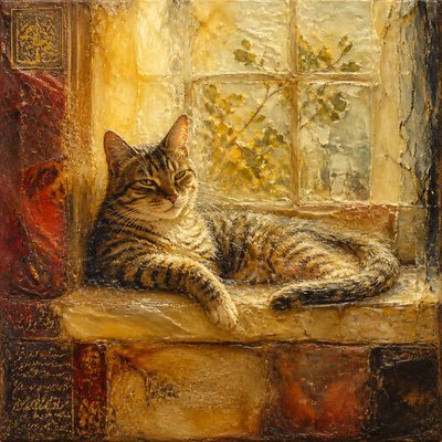 a cat lounging in a sunlit window