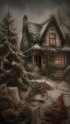 a snow-covered cottage with warm glowing windows beside a decorated pine tree, gentle snowfall, no text