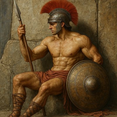 a painting of a roman warrior holding a sword and a shield