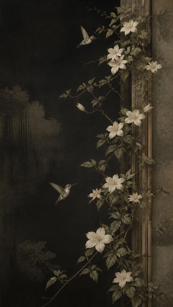 a climbing vine of flowers and hummingbirds on a dark background, tall wrapping composition, no text