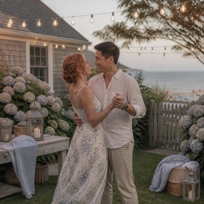 an original couple dancing under string lights in a garden at dusk: a man with short black hair in a linen shirt and a woman with braided red hair in a summer dress