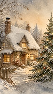 a snow-covered cottage with warm glowing windows beside a decorated pine tree, gentle snowfall, no text