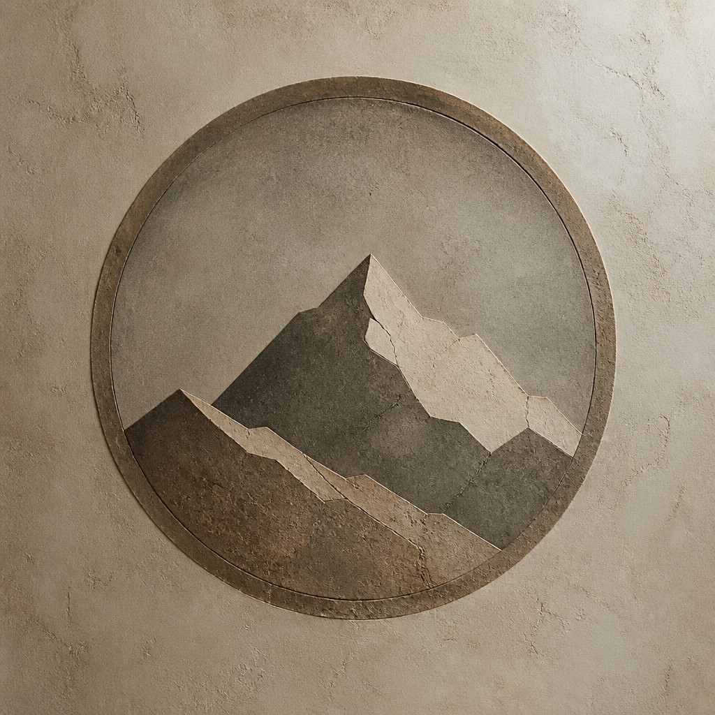 an emblem of a mountain peak inside a circle, simple bold shapes on a plain background, no text or lettering