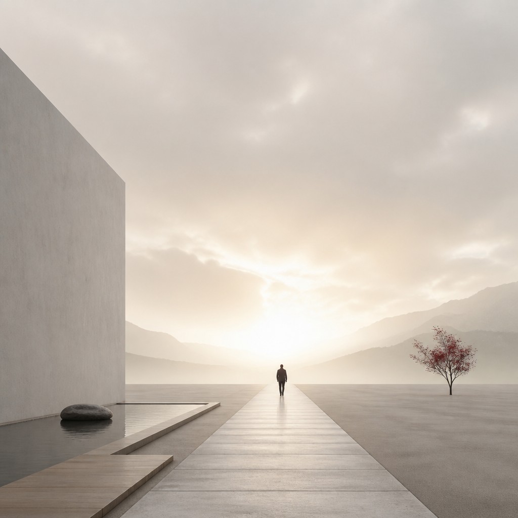 a solitary figure walking toward a glowing horizon across an empty plain, moody atmosphere, no text or lettering