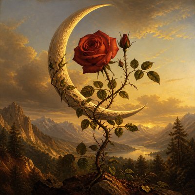 a rose entwined with a crescent moon, clean balanced composition on a plain background, no text