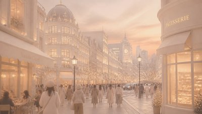 bustling city street panorama at dusk