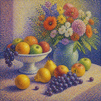 still life arrangement of fruits and flowers