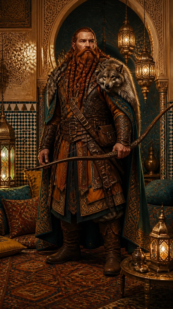 full-body original character: a dwarven ranger with a braided auburn beard, worn leather armor, a longbow and a wolf-pelt cloak, neutral background, no text