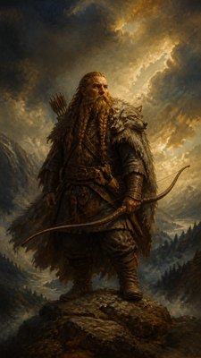 full-body original character: a dwarven ranger with a braided auburn beard, worn leather armor, a longbow and a wolf-pelt cloak, neutral background, no text