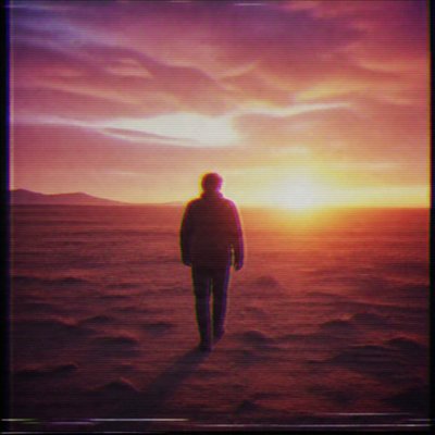 a solitary figure walking toward a glowing horizon across an empty plain, moody atmosphere, no text or lettering
